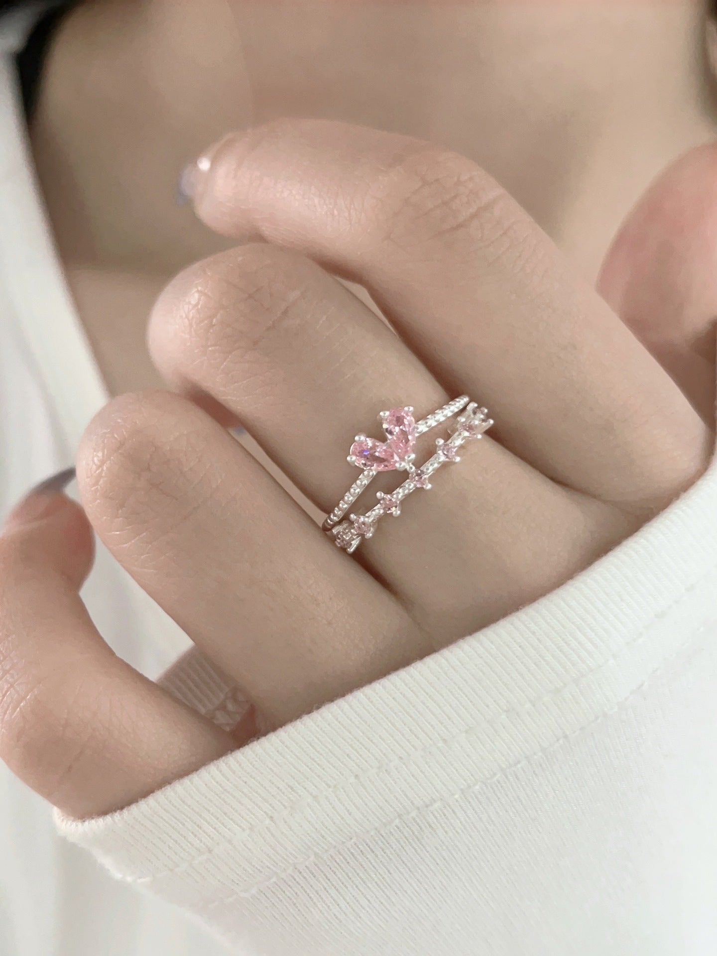 Pink Heart-Shaped Zircon Dual Layer Open-End Adjustable Ring