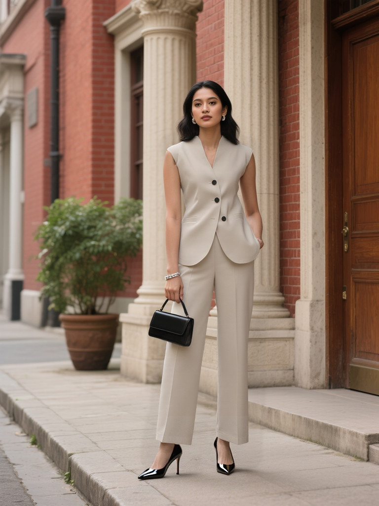 Spring and Summer retro V-Neck Sleeveless Suit Long Pants Set