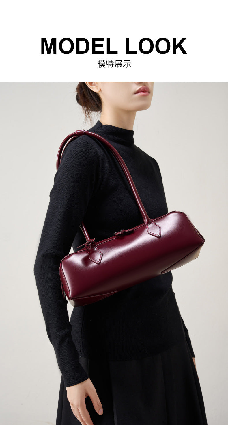 Single Shoulder Large Capacity Cowhide Underarm Red Baguette Bag
