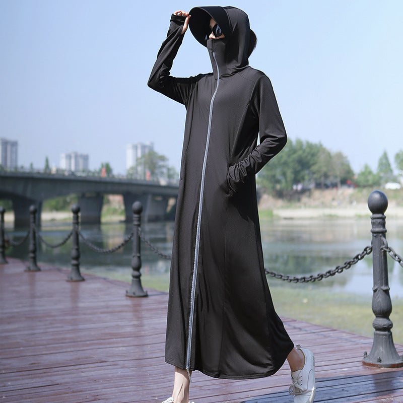 Summer Outdoor Hooded Casual Mid-Length Ice Silk Sunscreen Cardigan