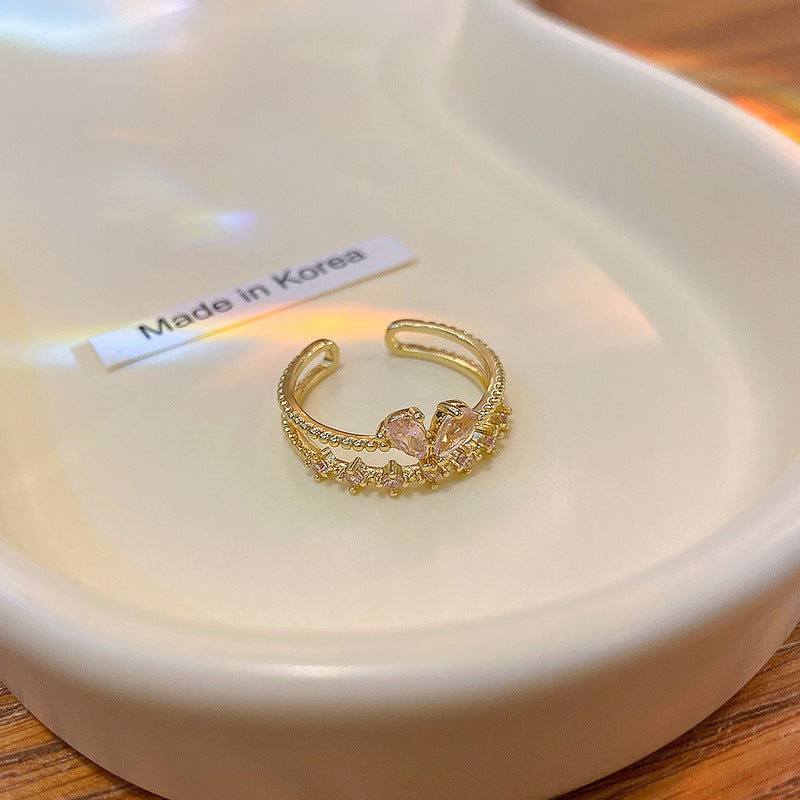 Pink Heart-Shaped Zircon Dual Layer Open-End Adjustable Ring