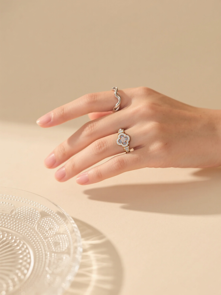 Micro-inlaid zircon fritillary four-leaf flower ring