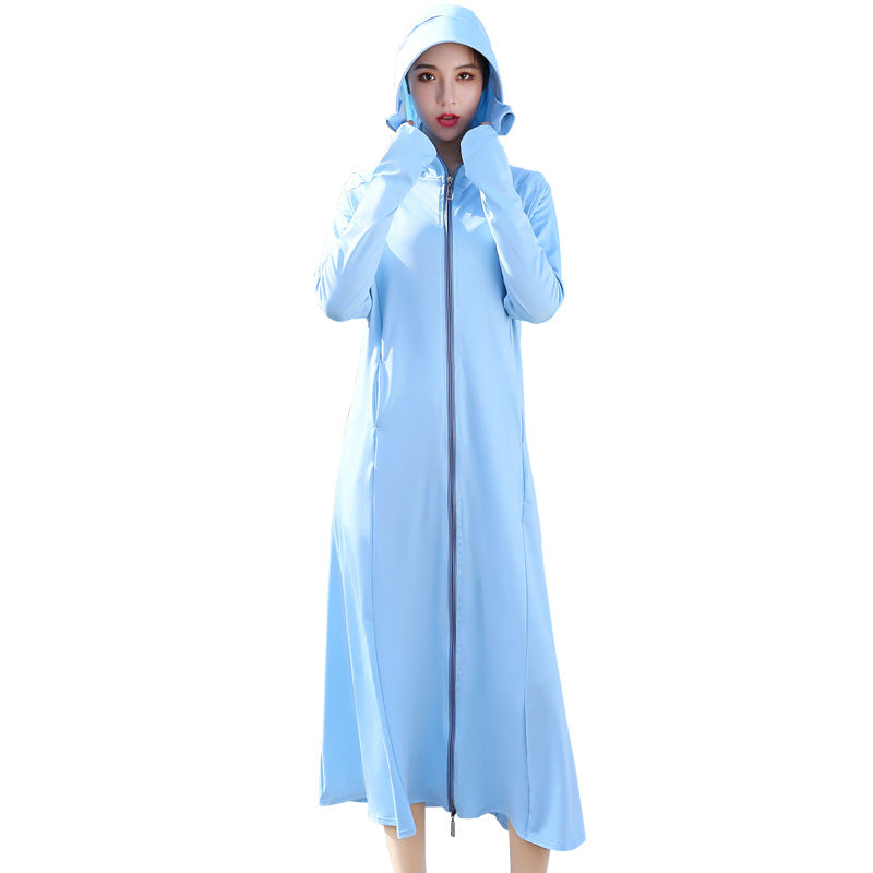 Summer Outdoor Hooded Casual Mid-Length Ice Silk Sunscreen Cardigan