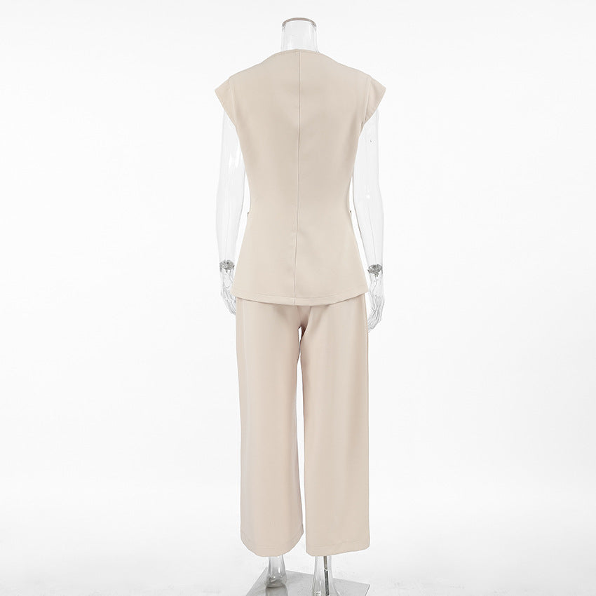 Spring and Summer retro V-Neck Sleeveless Suit Long Pants Set