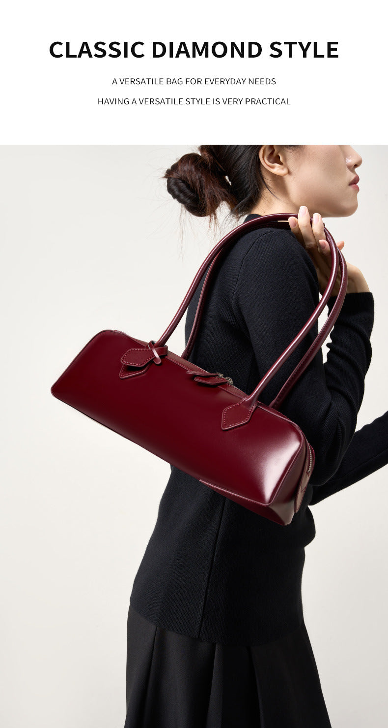Single Shoulder Large Capacity Cowhide Underarm Red Baguette Bag