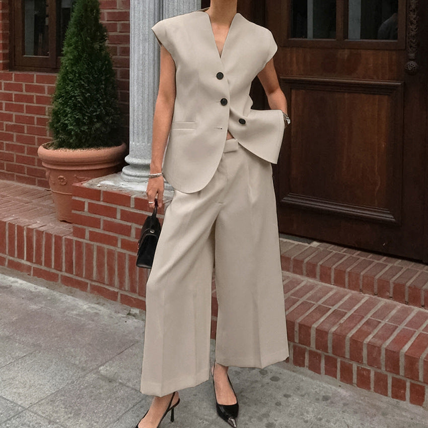 Spring and Summer retro V-Neck Sleeveless Suit Long Pants Set