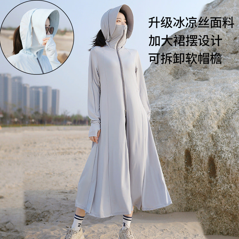 Summer Outdoor Hooded Casual Mid-Length Ice Silk Sunscreen Cardigan