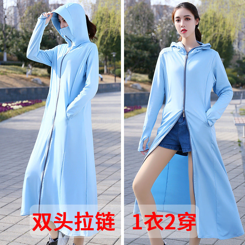 Summer Outdoor Hooded Casual Mid-Length Ice Silk Sunscreen Cardigan