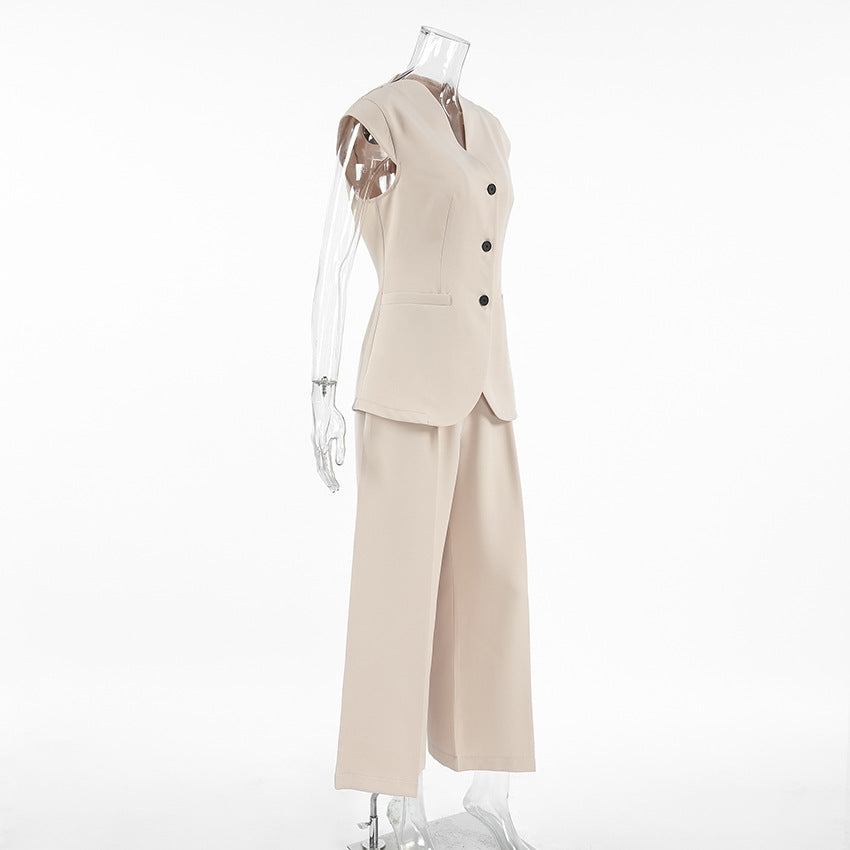 Spring and Summer retro V-Neck Sleeveless Suit Long Pants Set