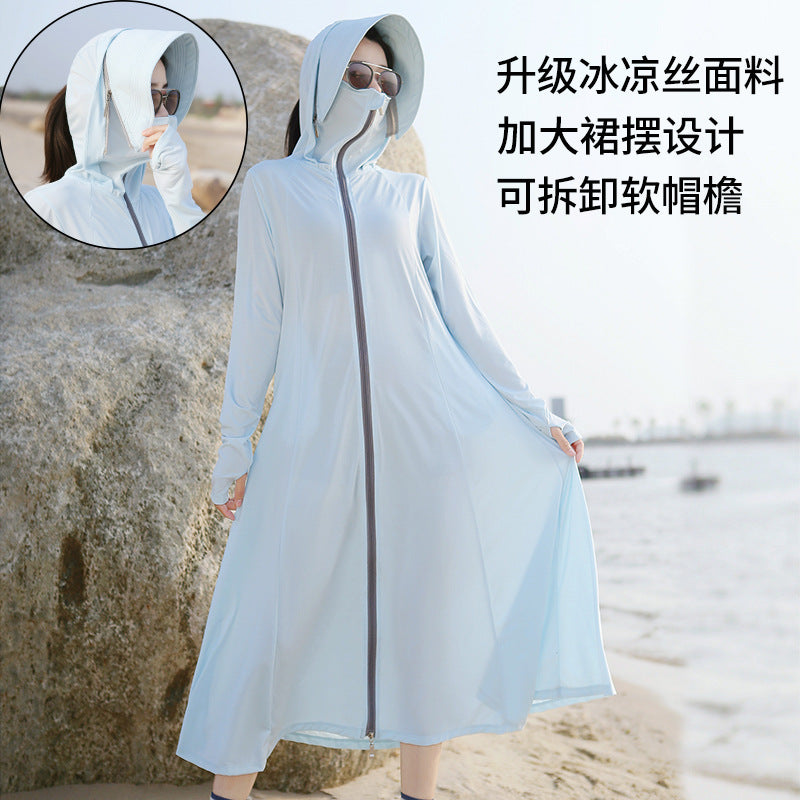 Summer Outdoor Hooded Casual Mid-Length Ice Silk Sunscreen Cardigan
