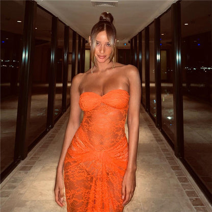 Summer Strapless Lace Sheer Slim Fit Bodycon Dress