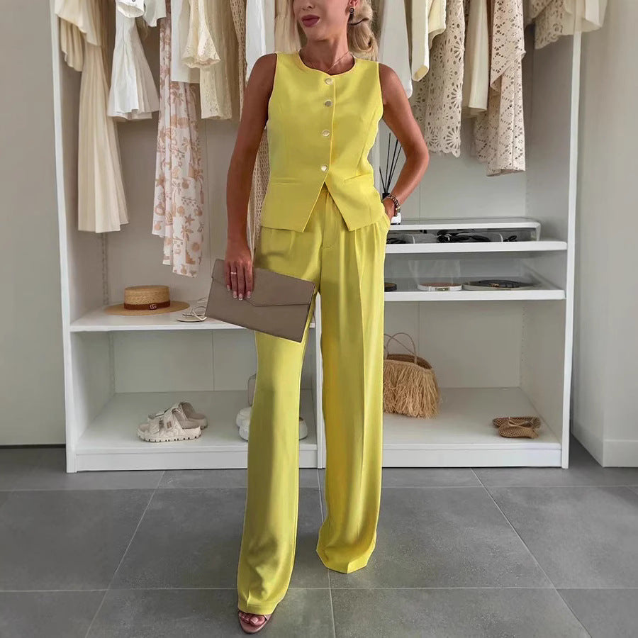 Cross-Border Women's Clothing 2025 New Elegant Commuter V-neck Fastener Decoration Vest Trousers Suit