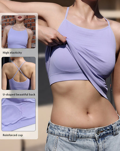 Solid Color Cross Thin Shoulder Strap Sports Breathable Yoga Bra with Chest Pads