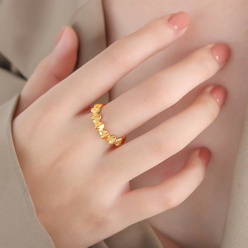 Titanium Steel Electroplated Gold Heart-shaped Spliced Open Ring