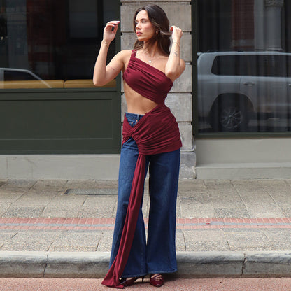 Spring and Summer One-Shoulder Tube Top Side Hollow Drawstring Ribbon Dress