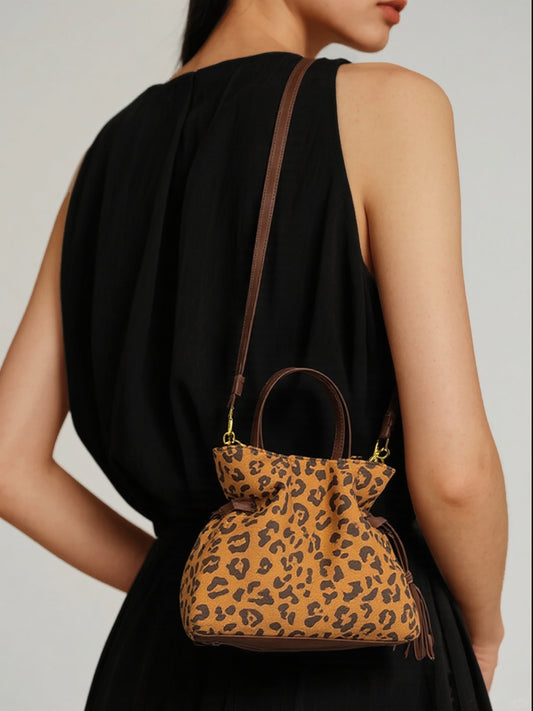 Retro Leopard Print Suede Drawstring Pleated Single Shoulder Handbag