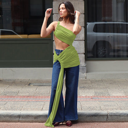 Spring and Summer One-Shoulder Tube Top Side Hollow Drawstring Ribbon Dress