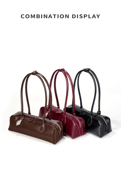 Single Shoulder Large Capacity Cowhide Underarm Red Baguette Bag