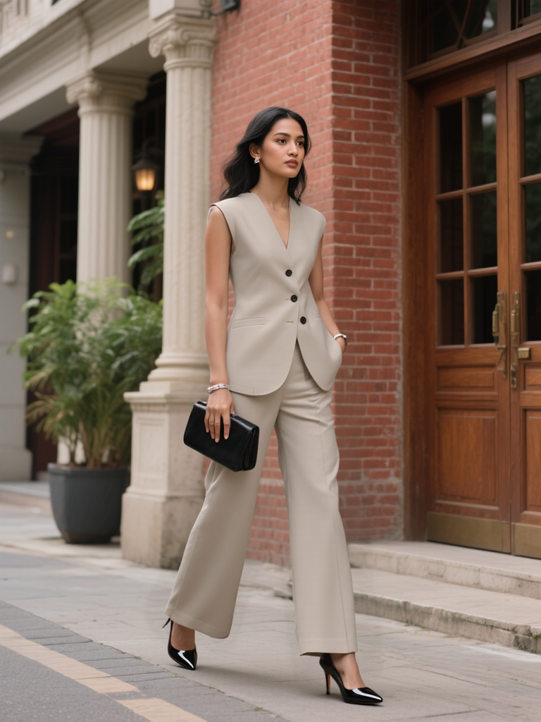 Spring and Summer retro V-Neck Sleeveless Suit Long Pants Set