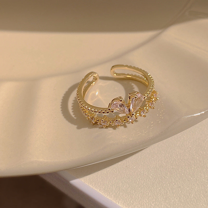 Pink Heart-Shaped Zircon Dual Layer Open-End Adjustable Ring
