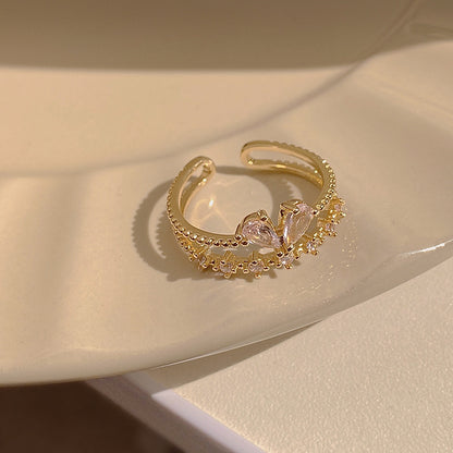 Pink Heart-Shaped Zircon Dual Layer Open-End Adjustable Ring