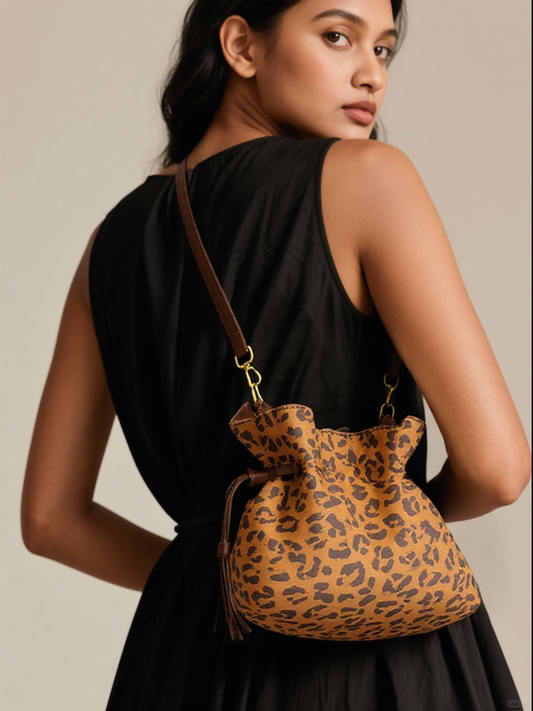 Retro Leopard Print Suede Drawstring Pleated Single Shoulder Handbag