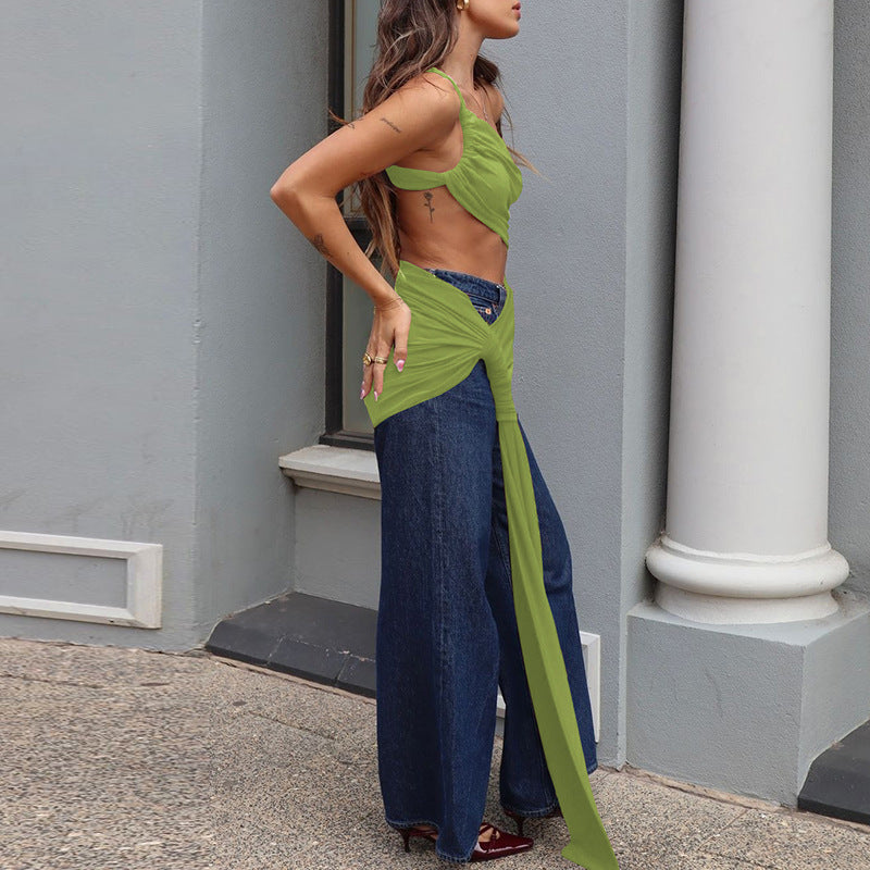 Spring and Summer One-Shoulder Tube Top Side Hollow Drawstring Ribbon Dress