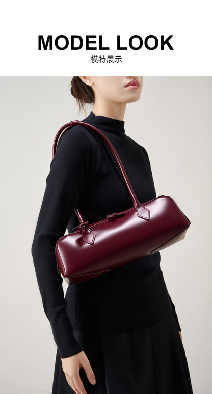 Single Shoulder Large Capacity Cowhide Underarm Red Baguette Bag