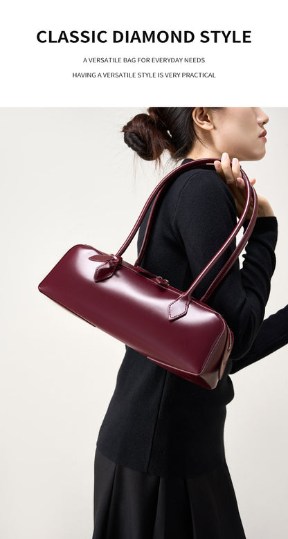 Single Shoulder Large Capacity Cowhide Underarm Red Baguette Bag