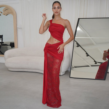 Spring and Summer One-Shoulder Tube Top Side Hollow Drawstring Ribbon Dress