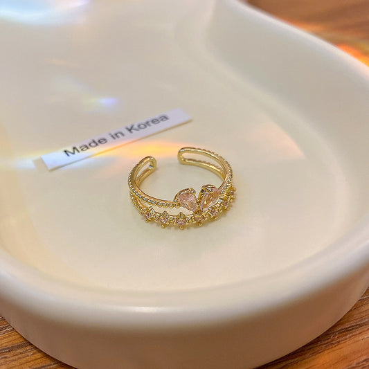 Pink Heart-Shaped Zircon Dual Layer Open-End Adjustable Ring