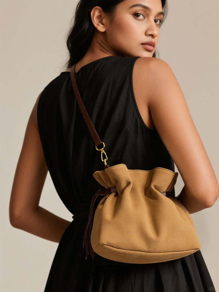 Retro Leopard Print Suede Drawstring Pleated Single Shoulder Handbag