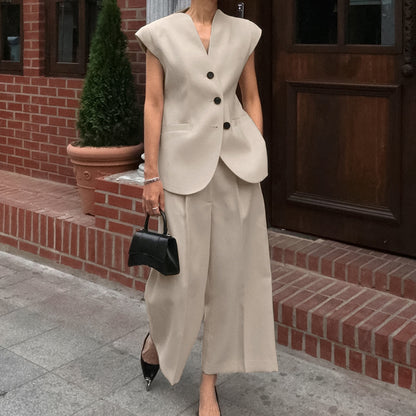 Spring and Summer retro V-Neck Sleeveless Suit Long Pants Set