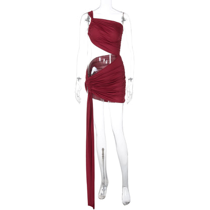 Spring and Summer One-Shoulder Tube Top Side Hollow Drawstring Ribbon Dress