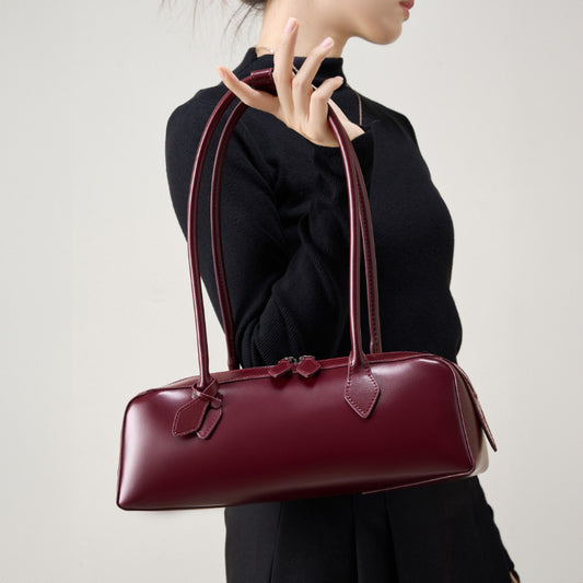 Single Shoulder Large Capacity Cowhide Underarm Red Baguette Bag