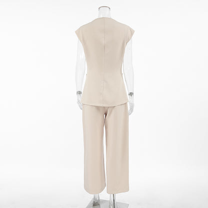 Spring and Summer retro V-Neck Sleeveless Suit Long Pants Set
