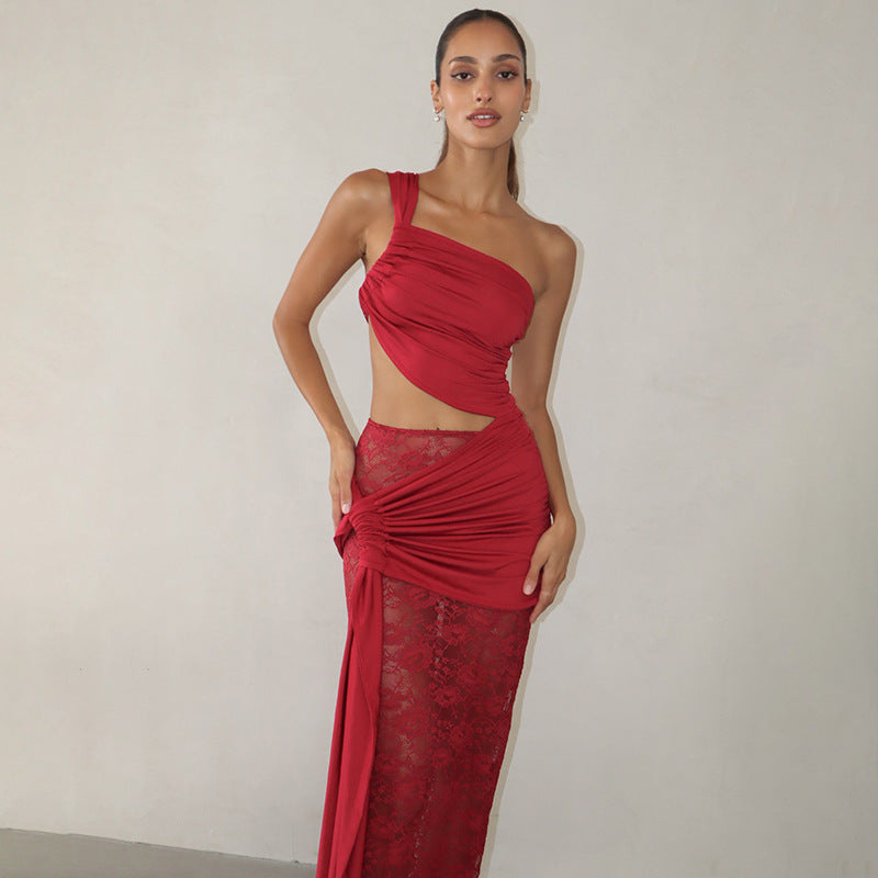 Spring and Summer One-Shoulder Tube Top Side Hollow Drawstring Ribbon Dress