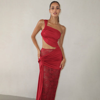 Spring and Summer One-Shoulder Tube Top Side Hollow Drawstring Ribbon Dress