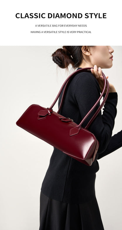 Single Shoulder Large Capacity Cowhide Underarm Red Baguette Bag