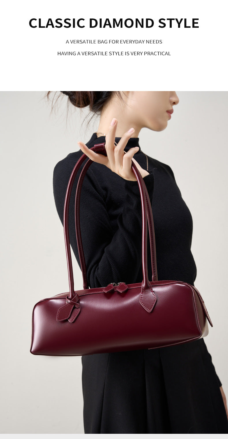 Single Shoulder Large Capacity Cowhide Underarm Red Baguette Bag