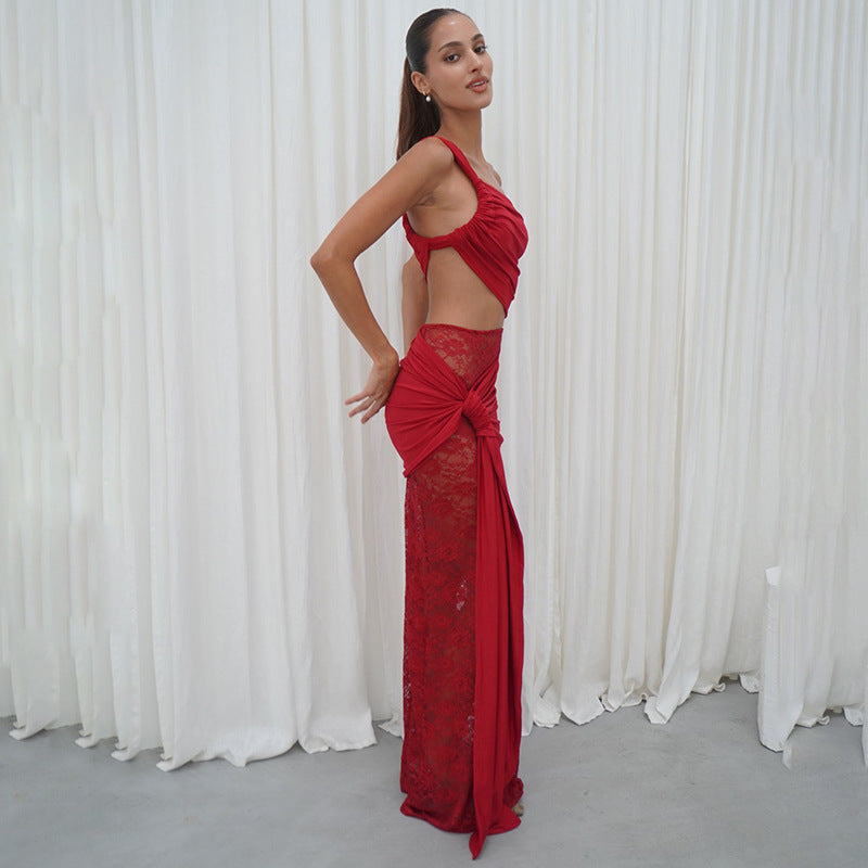 Spring and Summer One-Shoulder Tube Top Side Hollow Drawstring Ribbon Dress