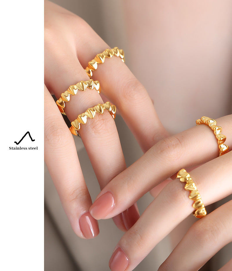 Titanium Steel Electroplated Gold Heart-shaped Spliced Open Ring