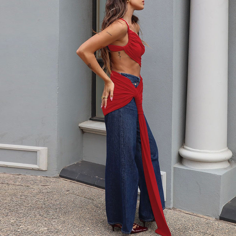 Spring and Summer One-Shoulder Tube Top Side Hollow Drawstring Ribbon Dress