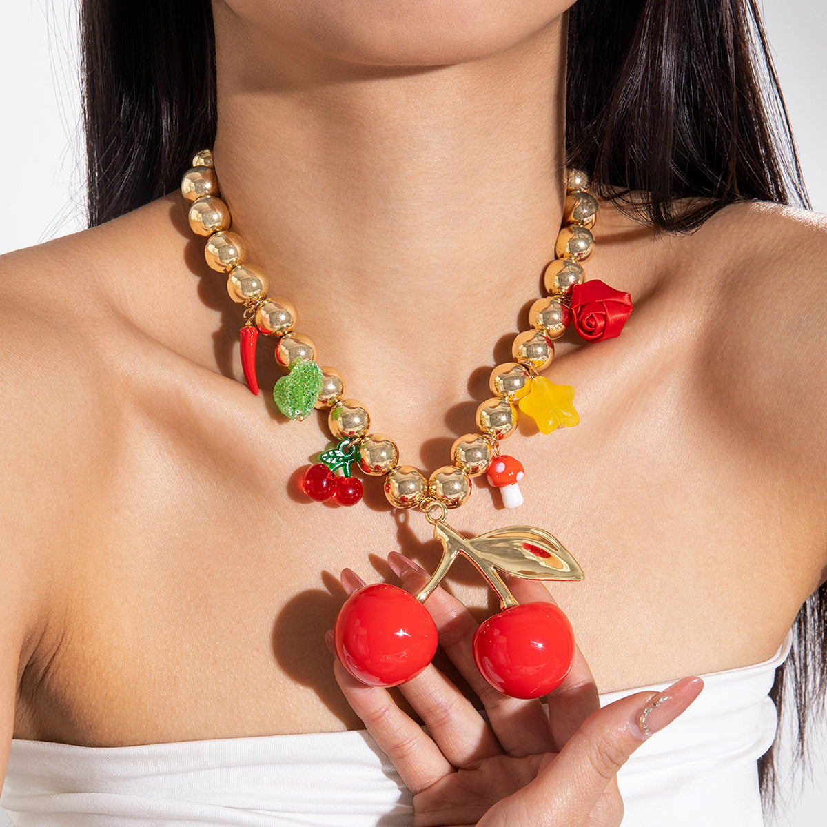 Exaggerated Acrylic Alloy Cherry Necklace
