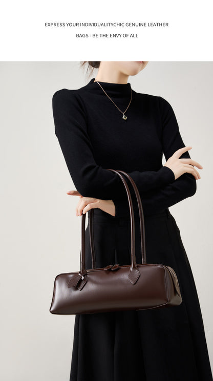 Single Shoulder Large Capacity Cowhide Underarm Red Baguette Bag