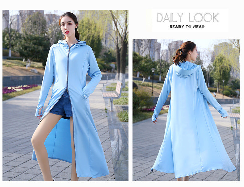 Summer Outdoor Hooded Casual Mid-Length Ice Silk Sunscreen Cardigan