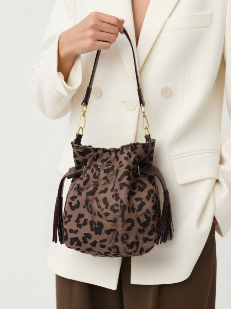 Retro Leopard Print Suede Drawstring Pleated Single Shoulder Handbag