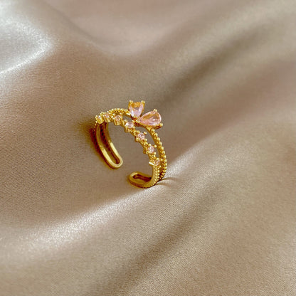 Pink Heart-Shaped Zircon Dual Layer Open-End Adjustable Ring