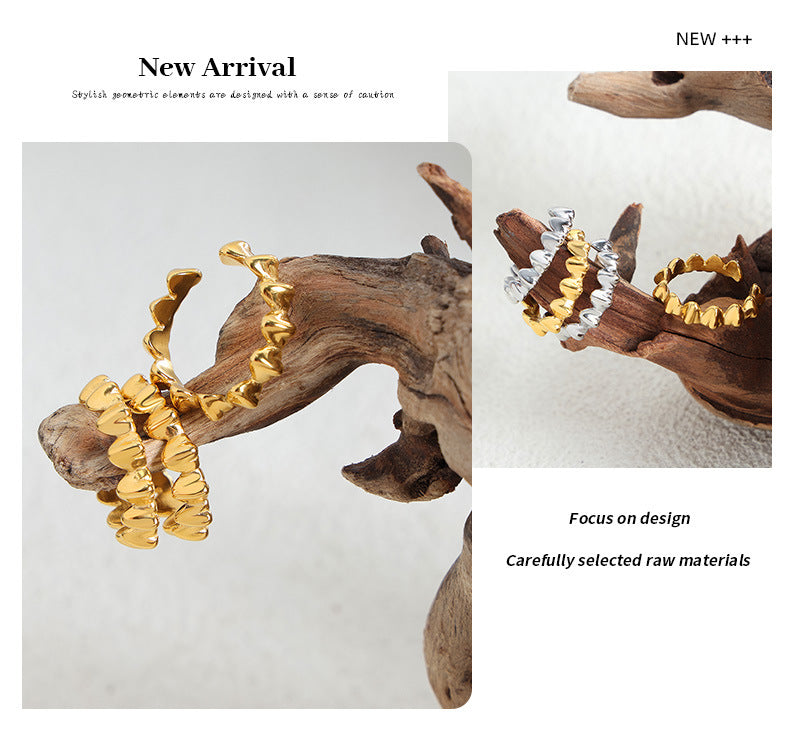 Titanium Steel Electroplated Gold Heart-shaped Spliced Open Ring
