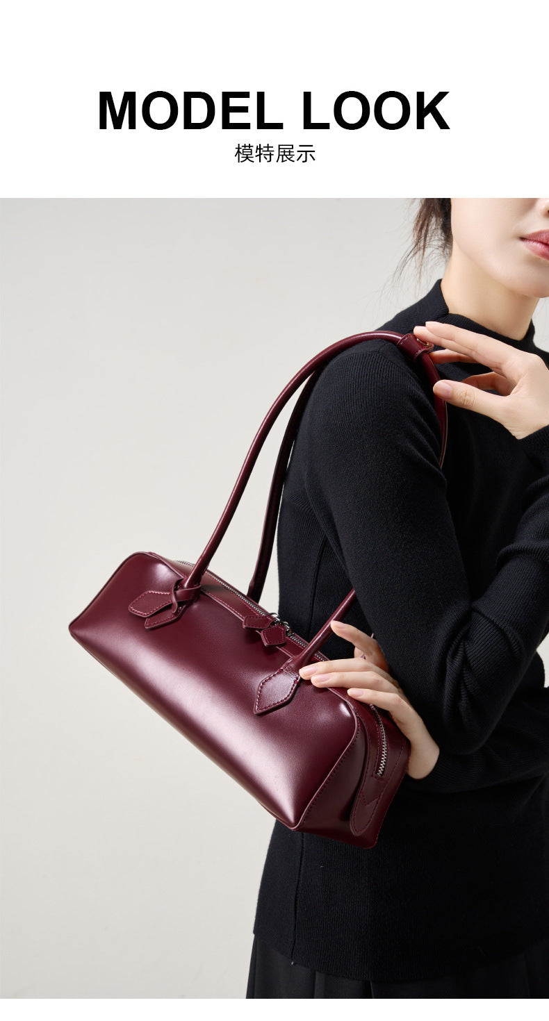 Single Shoulder Large Capacity Cowhide Underarm Red Baguette Bag
